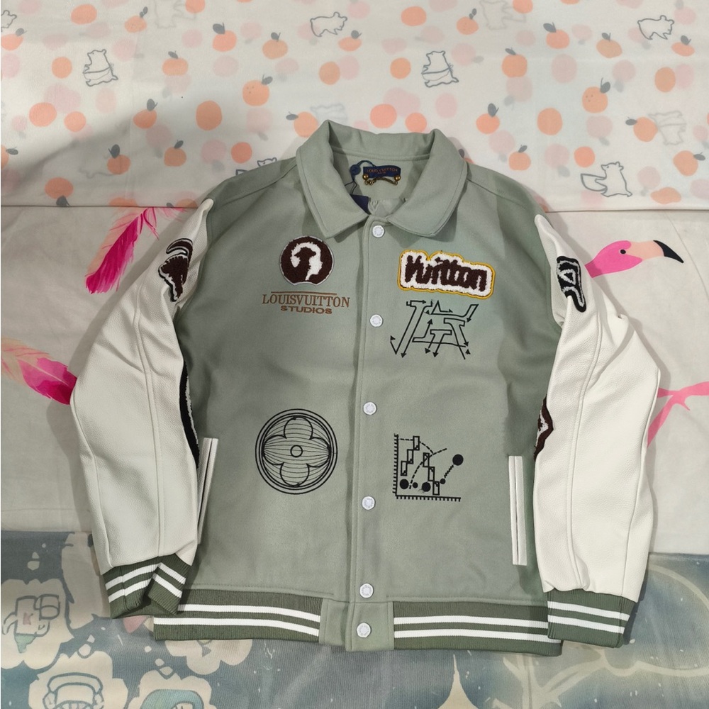 Louis Vuitton Sage Green and Cream Varsity Jacket with Embroidered Patches
